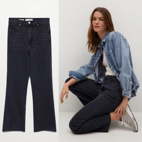 MANGO Jeans Sienna Dark Grey Cropped Flared Raw Hem with Pockets - Picture 4 of 15